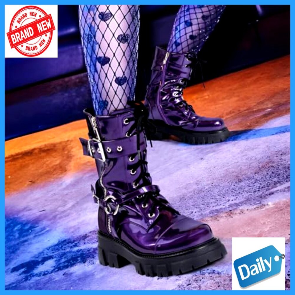 Women's Motorcycle Biker Boots Mid-Calf Combat Steampunk Chunky Heel Lug Sole - Picture 6 of 7